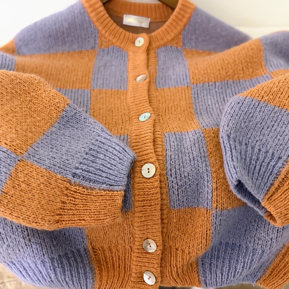 STINE GOYA Designer Check Cardigan Scandinavian Knit Orange Purple Size M - Picture 4 of 10